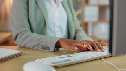 Poster - Business person, hands and typing on computer for research, administration or planning deadline for working late in office. Closeup, employee and desktop keyboard for online report, email or internet
