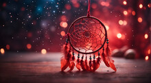  A Red Dream Catcher On Bokeh Background. Spiritual Symbolism. 