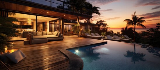 Wall Mural - Sunset view of tropical villa with garden pool and open living room With copyspace for text