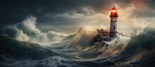 Stormy sea with tall lighthouse With copyspace for text