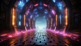 Fototapeta Przestrzenne - 3D render of a hexagonal neon portal in a virtual reality environment with glowing lines in the pink blue yellow spectrum and vibrant colors