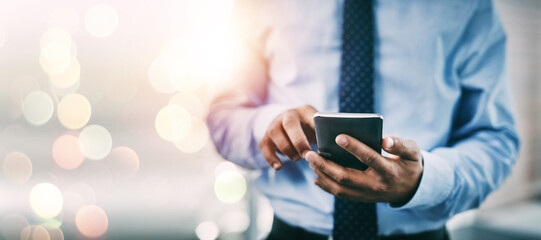 Poster - Businessman, phone and hands typing for networking or communication on bokeh background at office. Closeup of man on mobile smartphone app for online texting, chatting or social media and research