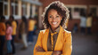 Portrait of smiling african american woman teacher posing with arms crossed outside classroom, elementary to university education, copy space, Women day