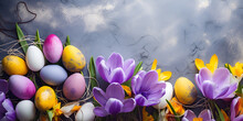Easter Composition Of Yellow And Purple Tulips And Easter Egg