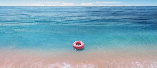 Poster - Drone view of a slim girl near clear blue water at a sunny beach in Lefkada Greece With copyspace for text