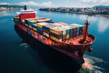 Fototapeta  -  Realistic image of a cargo ship on blue waters with containers of different colors, with a top view.Ai generative