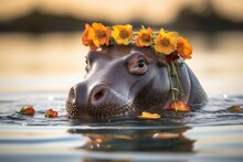 A Hippo With Flowers On Its Head