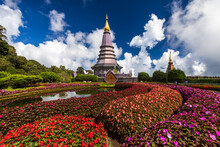 Two Pagodas And Flower Gardens At Doi Inthanon Mountain.