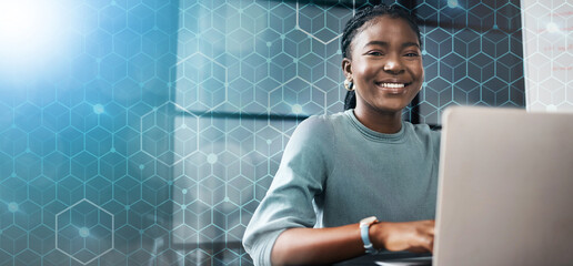 Leinwandbilder - Grid overlay, business woman and portrait with computer in office for email and digital planning. Working, African female professional and technology for website development job with mockup space