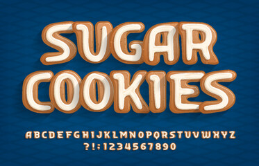 Fototapete - Sugar Cookies alphabet font. Cartoon cookie letters and numbers with sugar icing. Stock vector typeface for your typography design.