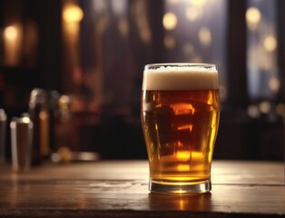 Cold glass of beer on wooden table in a bar