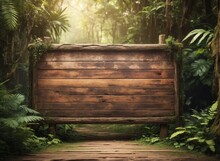 Empty Wooden Signboard In The Jungle Forest, Wooden Planks With Copy Space