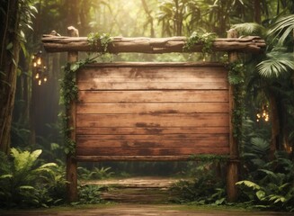 Empty wooden signboard in the jungle forest, wooden planks with copy space