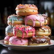 A plate of colorful donuts with different flavored creams and sprinkles