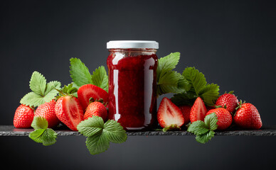 Wall Mural - Strawberry jam and fresh berries on a black background.