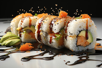 Wall Mural - Sushi rolls, made with rice, vegetables, seaweed, and salmon, are a delicious and traditional Japanese dish made with fresh ingredients