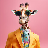 Fototapeta  - The Cool giraffe wearing suit clothes and glasses, Modern background. Concept Fashionable animals. Generative Ai.
