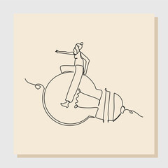 Wall Mural - Continuous line drawing art of Business woman riding idea light bulb. Vector illustration single one line hand drawn of people success launching business startup achievement.