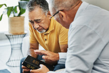 Men, Home And Bible With Counselling On Faith, Worship And Prayer With Pastor, Church Or Christ. Elderly Men, Diversity And Spiritual Guidance For Grief With Loss And Depression With Hope In Jesus