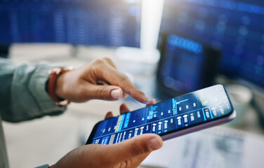 Poster - Phone screen, hand and trading, data analysis and financial information with investment, dashboard and trader in office. Person with stock market stats, finance and graph closeup with cryptocurrency