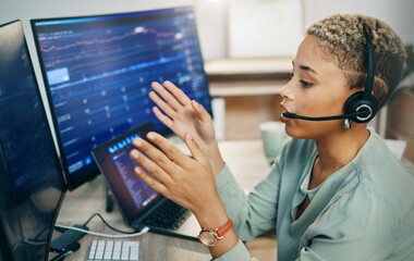 Poster - Woman, trading and callcenter, computer screen and finance advice, financial investment and communication. Headset, microphone and phone call, help desk consultant for stock market and dashboard