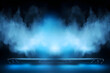 Beleuchtete Bühne mit Lichtern und Rauch Blauer Scheinwerfer mit Lichteffekt auf schwarzem Hintergrund Nebel Rauch Wolken