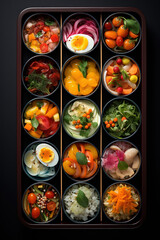 Wall Mural - Bento box of fresh fruits and vegetables. Japanese food, top view