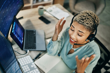 Poster - Woman, online trading and call center, computer and finance with advice, top view and excited or data about investment. Headset, mic and business with laptop, agent at desk with stock market