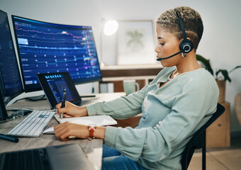 Aufkleber - Woman, computer and stock market or notebook in office with smile for finance data, statistics growth or trading. Female, headset and laptop for investment online saving, business or economy