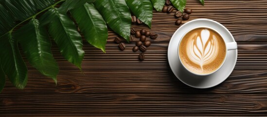 Sticker - Top view of a coffee cup with latte art on a wooden table Street coffee viewed from above Cup of coffee surrounded by palm branches and leaves With copyspace for text