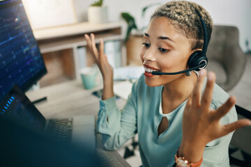 Aufkleber - Woman, trading and callcenter, computer and finance advice, financial investment and communication. Headset, mic and phone call conversation, help desk consultant for stock market and dashboard