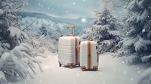 Two Suitcases In Snow Land With Snowfall And Christmas Tree For Tourist,winter Seasonal. Generative Ai
