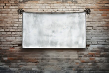 Copy Space Of A Grunge Projection Screen Over An Old Brick Wall, Interior Staged Setting