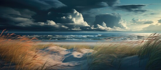 Wall Mural - Stormy weather and dark clouds contribute to a dramatic seascape of the Baltic sea observed from a sandy shore with sand dunes The waves crash and water splashes highlighting the impact of c