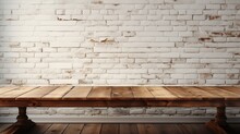 Empty Wooden Table Top On White Brick Wall Background, White Wooden Terrace Design
