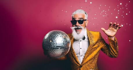 Crazy elderly man holding disco ball and having fun. Celebrating life concept.