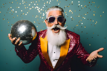 Crazy elderly man holding disco ball and having fun. Celebrating life concept.