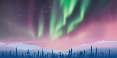Wall Mural - fantasy on the theme of the northern landscape. dusk and polar lights. forest and sunset light. vect