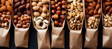 Top Down View Of Various Nuts In Paper Bags With Copyspace For Text