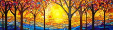 Spectacular Autumn Season Abstract Pattern In Mosaic Glass Background Features With Orange Forest Landscape And Sky.