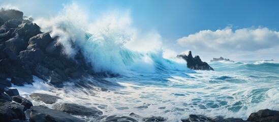 Wall Mural - Madeira s shoreline witnessing crashing waves With copyspace for text