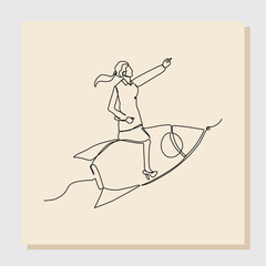 Wall Mural - Continuous line drawing art of business woman riding flying rocket up. Vector illustration single one line of woman success launching startup business. Booster business growth line art design.