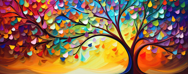 Wall Mural - Rainbow color tree panorama photo.