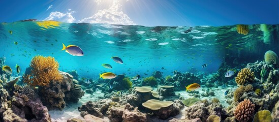 Wall Mural - Caribbean marine life including soft corals and tropical fish in Panama With copyspace for text