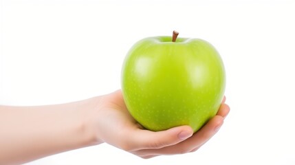 Female hand with a green apple on a white background