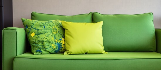 Sticker - Colorful cushions adorn the bright green sofa in the living room With copyspace for text