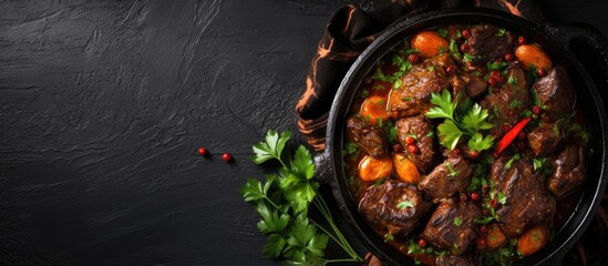 Wall Mural - Beef stew with red wine top view copy space Roasted beef Braised portion Slow cooked in cast iron pan With copyspace for text