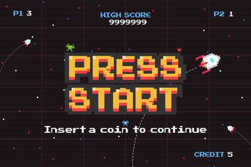 Poster - PRESS START INSERT A COIN TO CONTINUE .pixel art .arcade screen.8 bit game.retro game. for game assets in vector illustrations.