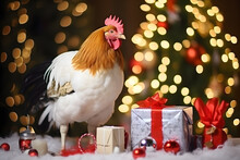 A Rooster In A Christmas Setup. Studio Portrait, Winter Festive Season Template.