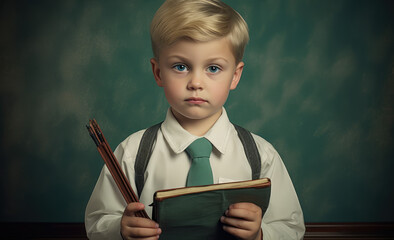 Wall Mural - kindergarten school age boy posing with his school book on his hands